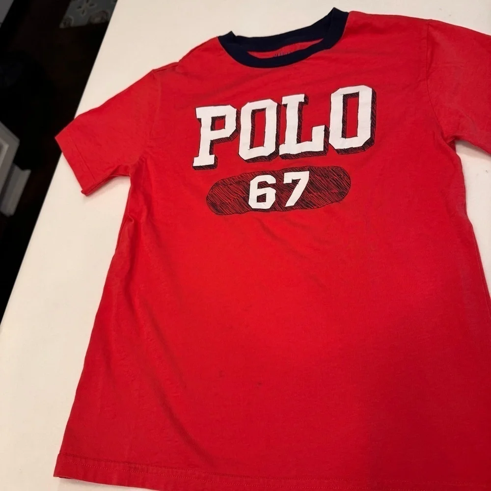 Polo Ralph Lauren Boys Set Red Tee Shirt Sz 8 & Navy Blue Sweatpants Sz 7